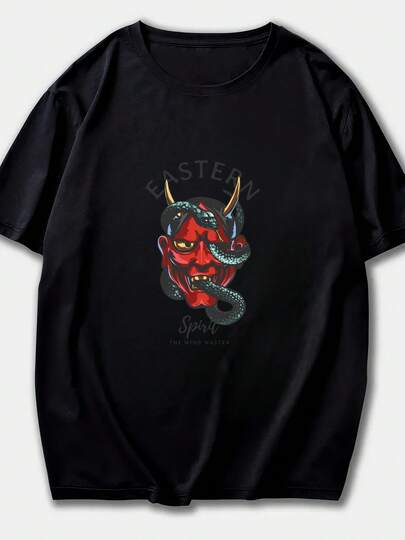 Camiseta de Mujer de Algodón 100% con Estampado de Máscara Hannya Oriental y Serpiente, Manga Corta, Moda Casual, Transpirable y Cómoda para Uso Diario, Streetwear