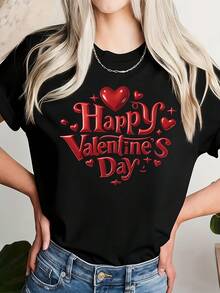 Women's Valentine's Day Red Heart Print Short Sleeve T-Shirt - Casual Round Neck Blouse, -Line Regular Fit Spring Summer Casual Attire & Valentine's Outfits, Machine Washable Suitable For Valentine's Day & Spring Summer Casual Wear - màu đen - Xem 1