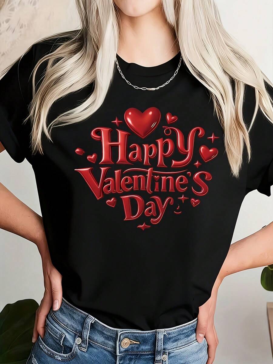 Women's Valentine's Day Red Heart Print Short Sleeve T-Shirt - Casual Round Neck Blouse, -Line Regular Fit Spring Summer Casual Attire & Valentine's Outfits, Machine Washable Suitable For Valentine's Day & Spring Summer Casual Wear - màu đen - Xem 1