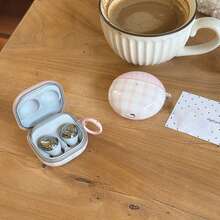 极简粉色格子耳机套，带挂绳，兼容华为Freebuds 7i、Freebuds 2、Freebuds SE3、Freebuds 5i、Pro 3耳机，可爱韩版风格 - 粉色 - 查看 2