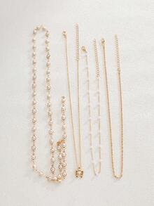 4件套复古朋克波西米亚风人造珍珠蝴蝶结Y型项链套装，优雅设计，适合女性日常、通勤、派对、约会等场合，也是送给女友或母亲的礼物。 - 金黃色 - 查看 6