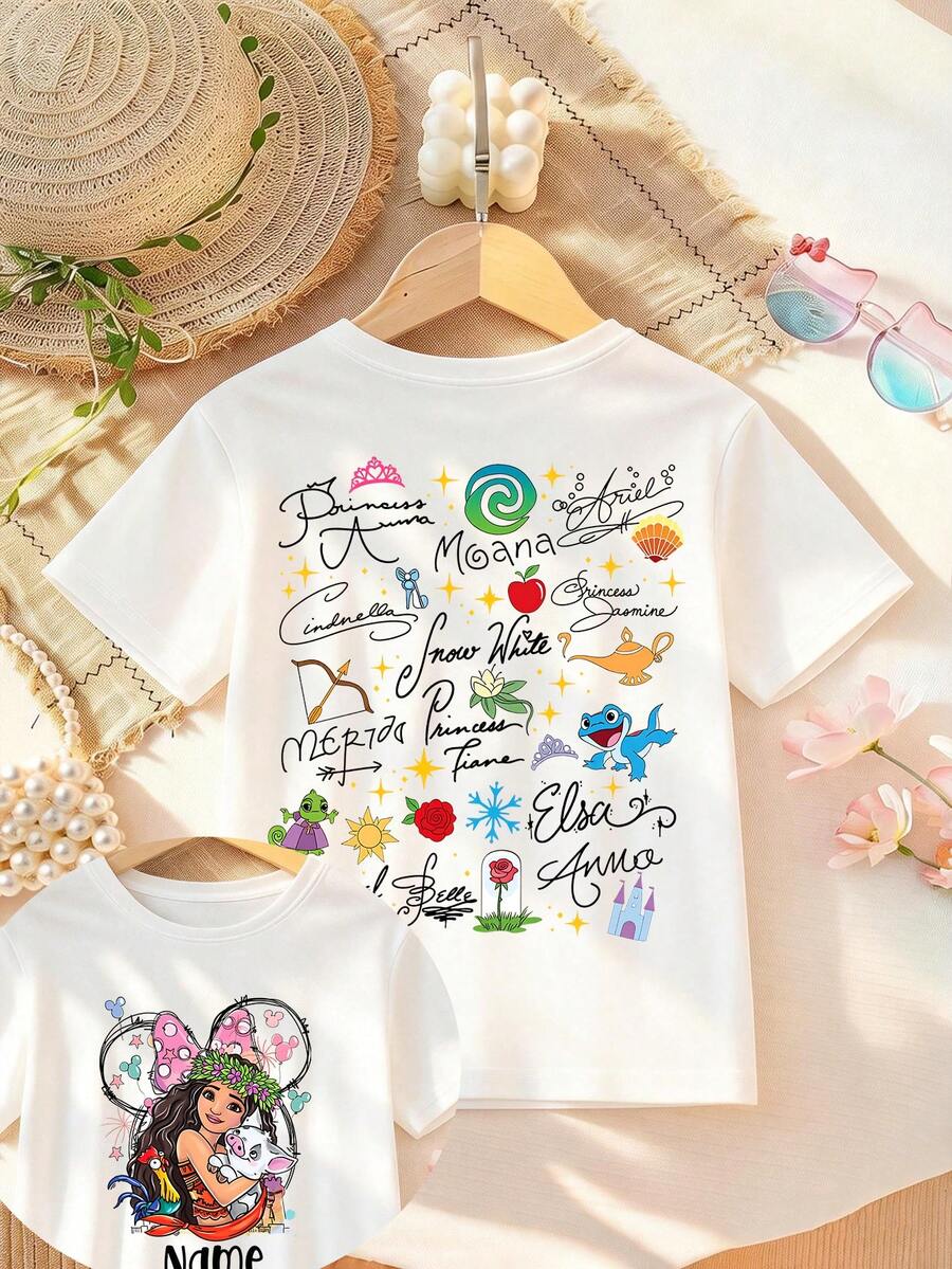 Disney Apparel, Featuring A Creative Cartoon Double-Sided Lettering Design Of Disney's Princess Moana On This Girls' T-Shirt. This Soft, Breathable Short-Sleeve Crew Neck Tee Is Perfect For Spring And Summer Wear, Ideal For Everyday Outfits, Vacation Leisure, Outdoor Adventures, School Life, And Shopping Trips. It Also Makes An Excellent Gift For Boys And Girls Alike. Every Child Deserves One. - trắng - Xem 1
