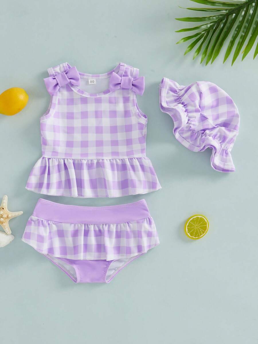 Conjunto de traje de baño para bebé niña pequeña, estampado, sin mangas, con volantes, top tipo tanga y gorro para el sol, 3 piezas. - Morado - Ver 1