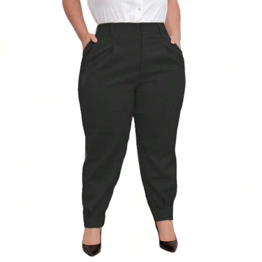 Plus Size Tailored Carrot Pants For Women, High Waist, Elegant, Pleated Hem - 黑色 - 查看 1