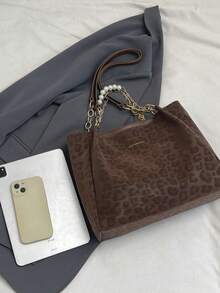 Borsa a tracolla a righe alla moda - Borsa a spalla di grande capacità per le donne - Borsa a tracolla con cerniera per uso quotidiano, in tessuto con stampa leopardata, con catena e decorazione con perle - Castano - Visualizzare 4
