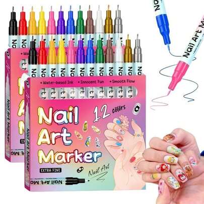 12/24 piezas Marcadores de punta fina para arte de uñas, Set de bolígrafos para arte de uñas, Bolígrafos marcadores para uñas. Adecuado para líneas abstractas, patrones florales, colores vibrantes - Herramientas de arte de uñas DIY, Suministros profesionales para arte de uñas, Aprendizaje de arte para niños, Aplicación suave, Manicura en el hogar y salones de uñas, Regalo perfecto para el Día de San Valentín
