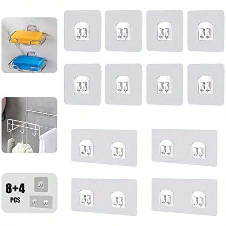 Adhesive Corner Shower Caddy Hook,Multipurpose Iron Shelf Holder;Bathroom Basket Support;Wall Sticker,Kitchen Storage Rack Hanger,No Drilling/Strong Bearing Capacity/Transparent(8pcs+4pcs) - / - View 1