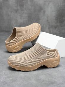 Women's Casual Sneakers, 2026 Summer New Thick Sole Heightening Wear-Resistant Slip-On Soft Bottom Lightweight Comfortable Knitted Mesh Breathable Anti-Sweat Anti-Odor Comfortable Mesh Shoes, Suitable For Middle-Aged And Elderly, Housewives, Nannies - Khaki - View 3