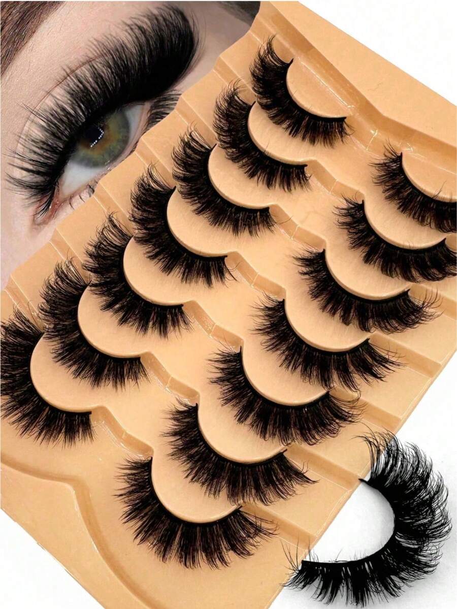 7 Pairs Russian Volume D Curl Fluffy Natural Eyelashes, Classic Cat Eye Mink Lashes, 5D Criss-Cross Wispy Thick False Eyelashes, Soft Natural Eyelash Extension Makeup, Create Natural Look, False Eyelashes - Black - View 1