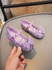 1 đôi giày bệt PU bóng cho bé gái, đính sequin và đá lấp lánh, thiết kế hở mũi với nơ ngọc trai, thích hợp cho tiệc tùng, hoạt động ngoài trời, mùa xuân/hè/thu. - Màu tím - Xem 3