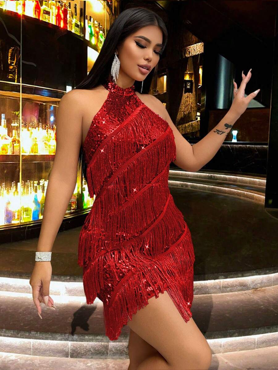 CHOSMO 新款夏季亮片露肩短款粉色优雅迷人舞会礼服，高腰修身晚礼服，女士正式鸡尾酒会、酒吧、婚礼宾客礼服 春季