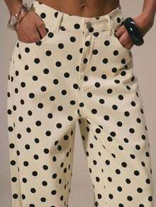 Polka Dot Jeans Women Low Rise Cute Baggy Jeans Y2k Straight Wide Leg Boyfriend Denim Pants Streetwear - 白色 - 查看 3