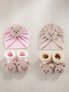 2件套新生儿冬季卡通发带帽+袜子套装，0-6个月宝宝高弹力帽子，柔软包裹帽和加厚袜子组合婴儿头饰套装 - 彩色 - 查看 1