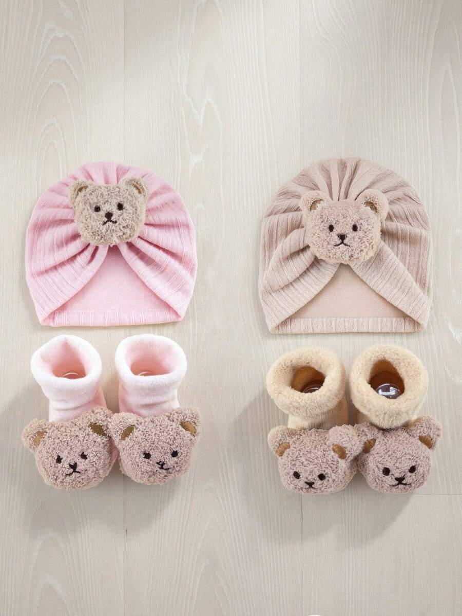 2件套新生儿冬季卡通发带帽+袜子套装，0-6个月宝宝高弹力帽子，柔软包裹帽和加厚袜子组合婴儿头饰套装 - 彩色 - 查看 1