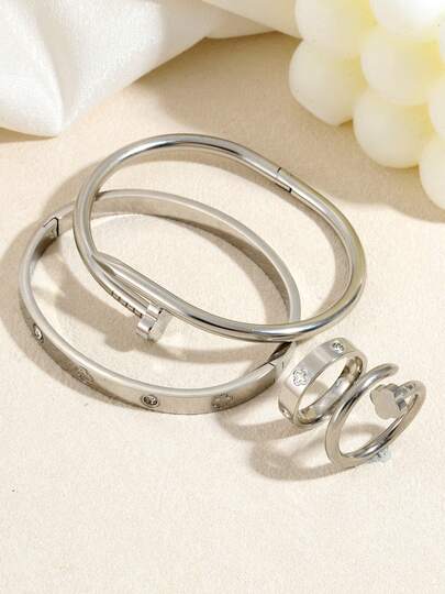 4pcs Bracelet + Ring Set, Trending Stainless Steel Bracelet, Fashionable Rhinestone Rings, Affordable Jewelry Accessories Suitable For Daily Wear, Events And Gifting