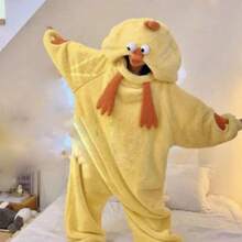 1 pieza Pijama con capucha de terciopelo de moda para mujer, de felpa de terciopelo/coral, con diseño de animal de dibujos animados divertido, de poliéster suave, minimalista, cómodo y transpirable, adecuado para el invierno, cálido, regalo de Halloween, fiesta temática, fiesta de pijamas, decoración de baño - Amarillo - Ver 3