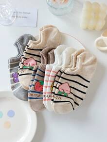 5 pares de calcetines tipo barco minimalistas con diseño de rayas y frutas dulces para mujeres, calcetines ocultos casuales, colores aleatorios, adecuados para uso diario y salidas, para todas las estaciones - Multicolor - Ver 6