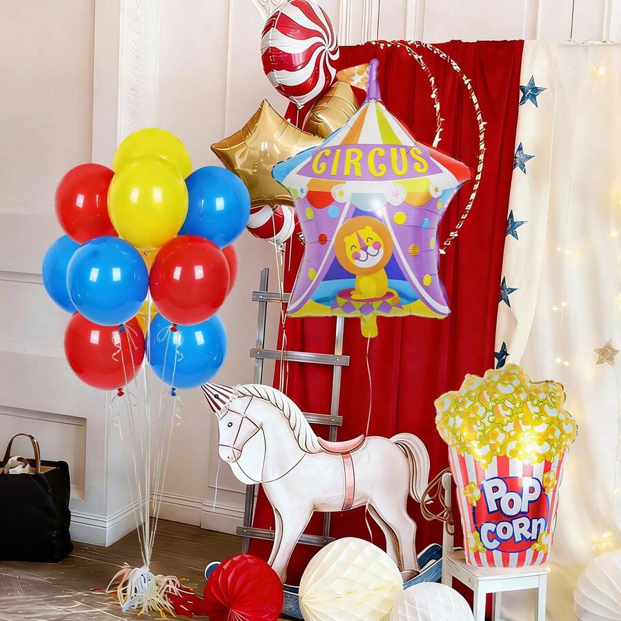 17 piezas Conjunto de globos de fiesta de carnaval, incluye palomitas de maíz, león, globos de lámina con forma de escenario de circo, adecuado para decoración de fiesta de cumpleaños, decoración de fiesta de cine, decoración de tema de carnaval, decoración de fondo de actuación de circo, decoraciones de fiesta - Multicolor - Ver 1