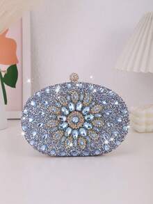 1PC Women's Gold Rhinestone Sunflower Evening Clutch - Luxury Crystal Party Purse With Cell Phone Pocket, Elegant Prom Bag For Wedding, Club & Holiday Date, Perfect Valentine's Day Gift - Blue - View 4