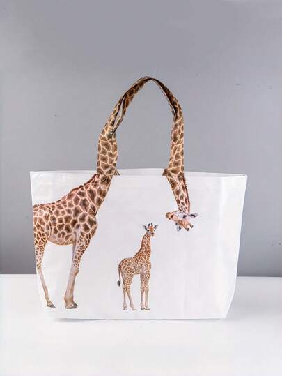 1pc Creative Giraffe Tote Bag, Woven Bag, Gift Shopping Bag, Composite Woven Bag, Giraffe Tote Bag, Large Capacity Travel Storage Handbag, Waterproof Moisture-Proof Reusable