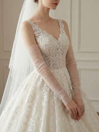 1 par de guantes sin dedos de perlas para novia, accesorio de mangas para vestido de novia, mangas de brazo desmontables de tul suave para mujer, accesorios nupciales