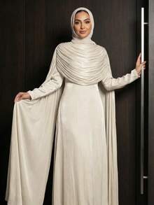 Solessence 1pc (Excluding Headscarf) Elegant Pleated Abaya Robe, Luxurious & Fashionable, Suitable For Parties, Ceremonies, Gatherings, Graceful Outfit - Apricot - View 2
