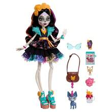 Mattel Monster High 娃娃 Skelita Calaveras，身穿色彩缤纷的剪纸图案连衣裙，配有宠物和 7 件配件，如时尚的贝壳形眼镜、零食和手提包。 - Skelita - 查看 5