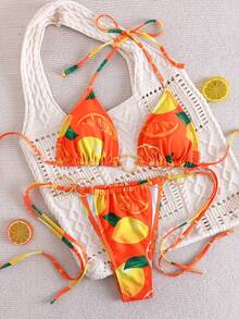 Bikini de verano con estampado de limón, elegante y casual, con tirantes anudados y espalda descubierta, para vacaciones en la playa - Multicolor - Ver 1