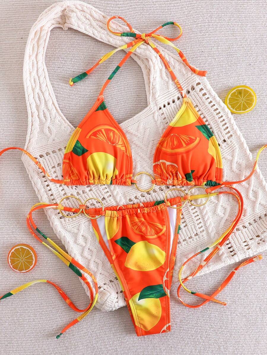 Bikini de verano con estampado de limón, elegante y casual, con tirantes anudados y espalda descubierta, para vacaciones en la playa - Multicolor - Ver 1