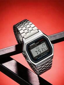 Casio 卡西欧男士方形表盘数字手表，不锈钢表带，石英机芯，多功能防水腕表，男士礼品 A159W-N1 - 黑色 - 查看 3