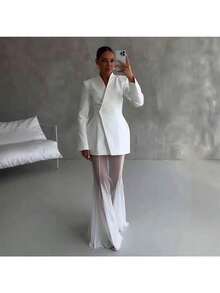 French Celebrity Style Solid Color Long-Sleeved Suit Micro-Transparent Mesh Skirt Suit - 粉色 - 查看 3