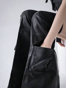 1 Pair Y2K Style 3D Pocket Ribbed Patchwork Leather Leg Warmers, Suitable For Calves 38cm Or Less, Sexy Look - Black - View 6