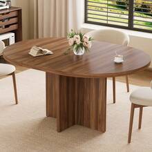 LIZHOUMIL 43.3''-59'' Extendable Dining Table For 4-8, Round To Oval Kitchen Table With Sturdy Cross Wood Base,Ideal For Dining Or Living Room - 棕色 - 查看 2