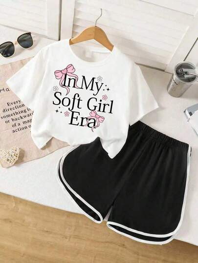 Tween Girls' Casual Bow & Letter Print Short Sleeve T-Shirt And Shorts Set, Summer