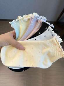 7 Pairs Random Cute Polka Dot Ruffle Trim Fashion Women Ankle Socks, Breathable & Comfortable - Multicolor - View 2