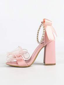 Giày cao gót quai ngang đính nơ ngọc trai giả dành cho nữ - Hồng - Xem 5