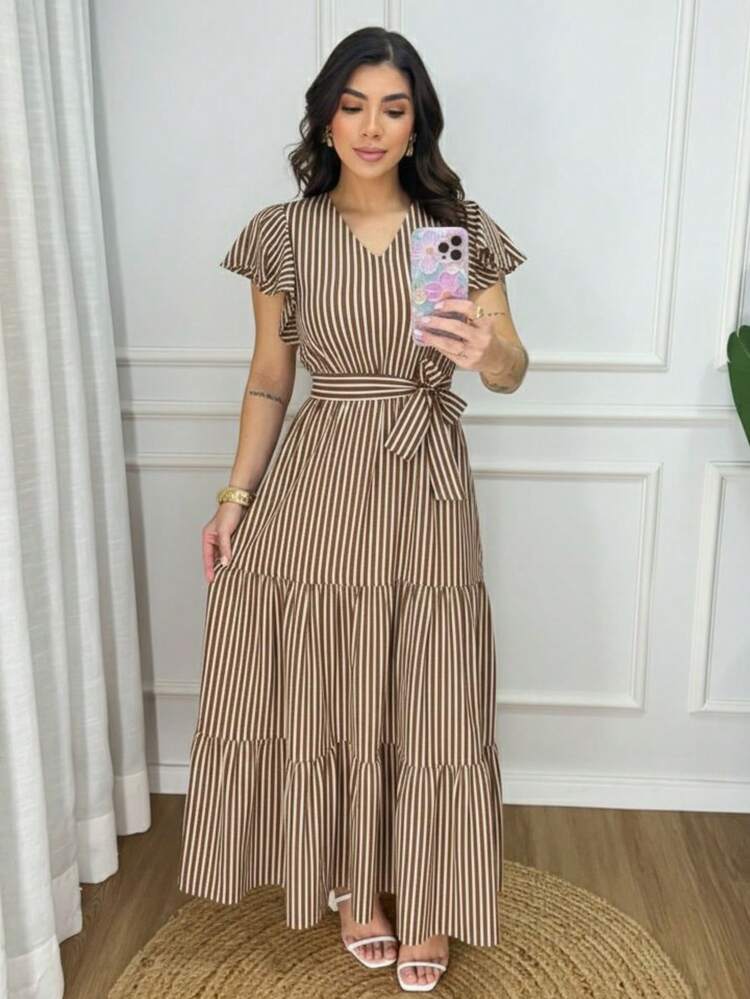 VESTIDO LONGO EVANGELICO  FEMININO MANGA CURTA LISTRADOS EM CREPE SEDA - VMC LISTRADO MAROM - Visão 2