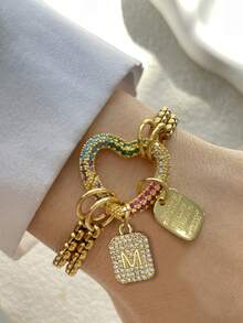 1件 STYLEVER 金色 A-Z 字母手链，彩色钻石心形扣链，白色钻石手链，不锈钢链，圣诞节礼物，万圣节礼物 - 金黃色 - 查看 5