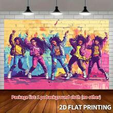 2D平面，1件装2D五女跳舞涂鸦砖墙艺术风格背景布，派对横幅，创意嘻哈舞会音乐工作室摄影生日庆祝夏季派对线上会议，2D平面 - 1pcs - 查看 3