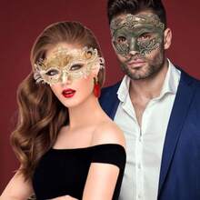 QY- Couple Masquerade Metal Mask Roman Greek Man Mask Venetian Halloween Costume Ball Mask Mardi Gras Mask Cosplay Party Mask -3788 - Vàng hồng - Xem 6