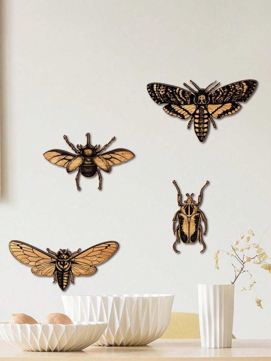 4 Stücke/Set - Realistischer Motten Holzanhänger, Wandaufkleber, Wohnzimmer, Schlafzimmer, Heimdekoration, Holzschilder, Hängeschilder, geeignet für Schule, Frühling - Verschiedenfarbig - Übersicht 1