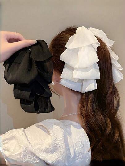 1 New Style Layered Mesh Chiffon Ribbon Hair Clip, Suitable For School, Party, Date, Shoot, Crocodile Clip With Fashionable And Elegant Decoration, Hair Barrettes, School Supplies, College, Ribbon, Cute, Banana Hair Clip, Classic, Winter Ladies Outfit, Hair Accessories ,Valentine's Day Hair Accessories Gift Summer Beach Claw Clips Vacay Hair Claws