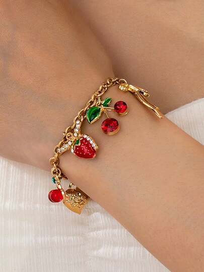 1pc Gold Heart Pendant Bracelet With Bow, Cowboy Hat, Boots And Cherry Pendant Charms, Jewelry Gift For Women