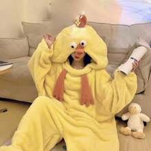1 pieza Pijama con capucha de terciopelo de moda para mujer, de felpa de terciopelo/coral, con diseño de animal de dibujos animados divertido, de poliéster suave, minimalista, cómodo y transpirable, adecuado para el invierno, cálido, regalo de Halloween, fiesta temática, fiesta de pijamas, decoración de baño - Amarillo - Ver 4