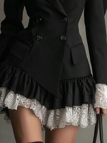 Lace Contrast Blazer Dress Women's Long Sleeve Structured Shoulder Double-Breasted Ruffled Hem Gown - Black - View 2