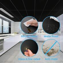 Drop Ceiling Tiles 2ft X 4ft PVC Waterproof Panel Cover 5mm Washable And Fire-Rated Drop Tile 48 Sq. Ft - Black - 黑色 - 查看 5