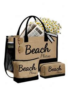 Black & Khaki "Beach Please" 4-Piece Set Including Beach Bag, Cosmetic Bag, Mini Pouch, Hat, Large Capacity, Adjustable Shoulder Strap, Convenient Carry, Suitable For Beach, Summer, Tropical Scenery With Palm Trees, Sand, Straw Hat - Multicolor - View 15