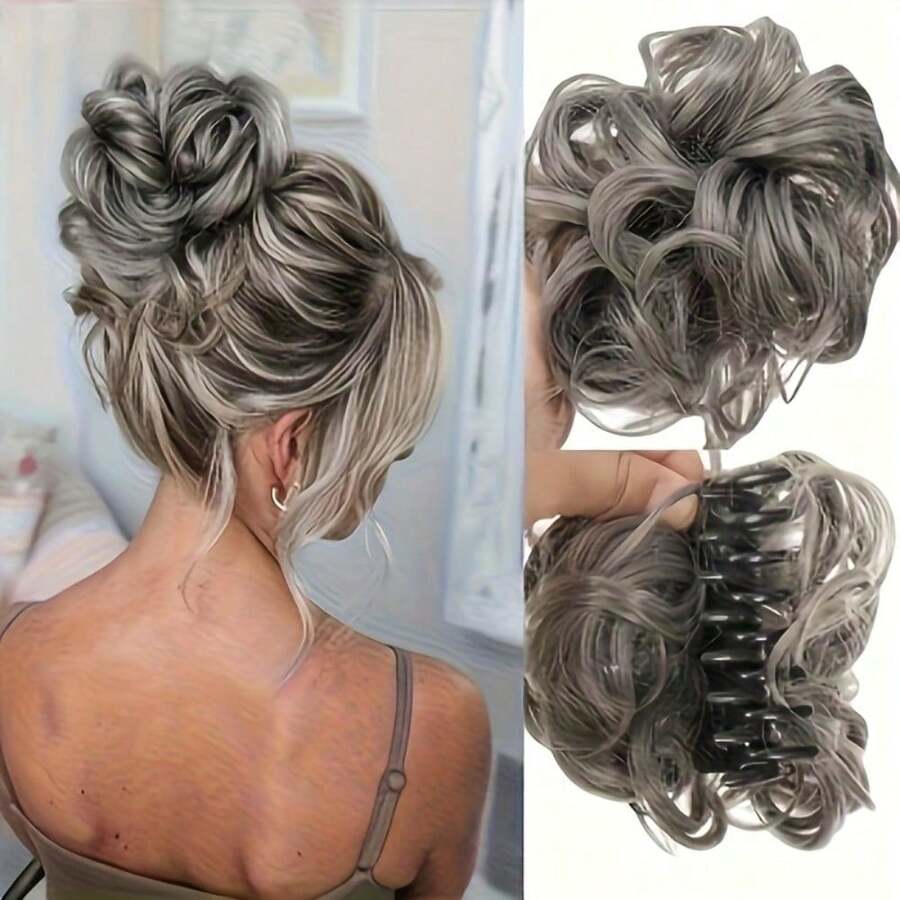 6 Inch Messy Bun Hair Piece - Clip-In Tousled Updo Extension, Voluminous Fluffy Hair Scrunchie For Women & Girls, Quick Hairstyles - Xám - Xem 1