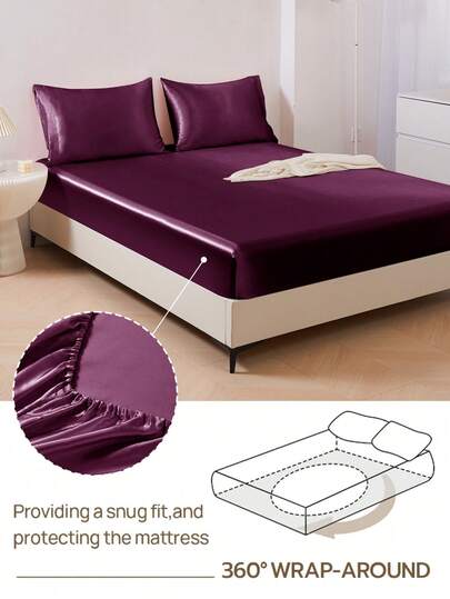 1pc Premium Silky Satin Fitted Sheet, Fits Mattress Depth 15-17 Inches, Soft & Breathable, Wrinkle-Resistant, Luxury Hotel Style, Full Wrap-Around Elastic Band, Deep Pockets, Suitable For Twin, Full, Queen, King Beds, Oeko-Tex Certified, Purple