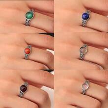 可调节复古925纯银戒指，镶嵌天然8毫米红玛瑙/绿松石/青金石/粉晶，波西米亚风珠宝，生日礼物